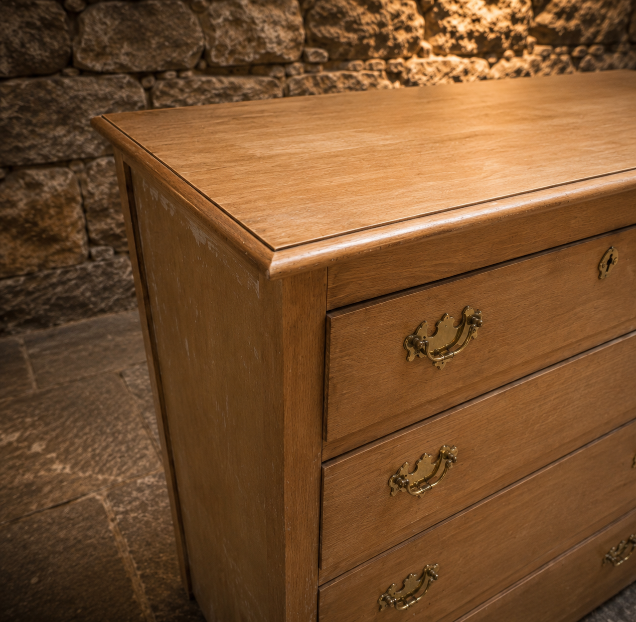 Vintage Natural Oak Four Drawer Chest – Georgian Style Brass Handle Chest of Drawers