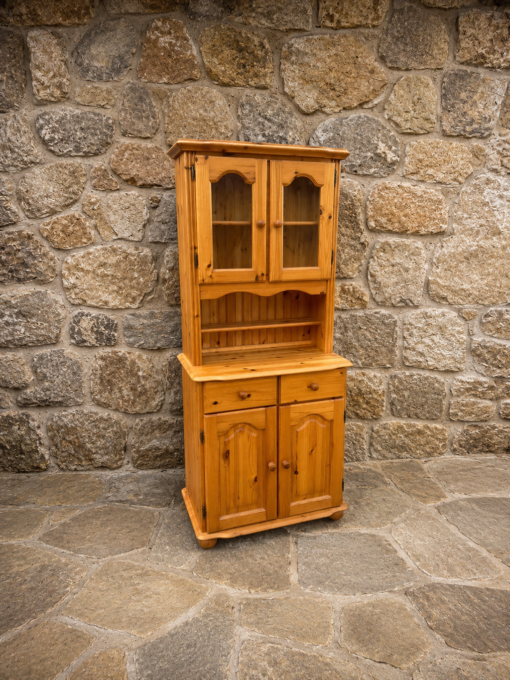 Vintage Pine Kitchen Dresser Cabinet | Rustic Farmhouse Display Unit | Country Cottage Glazed Storage Cupboard