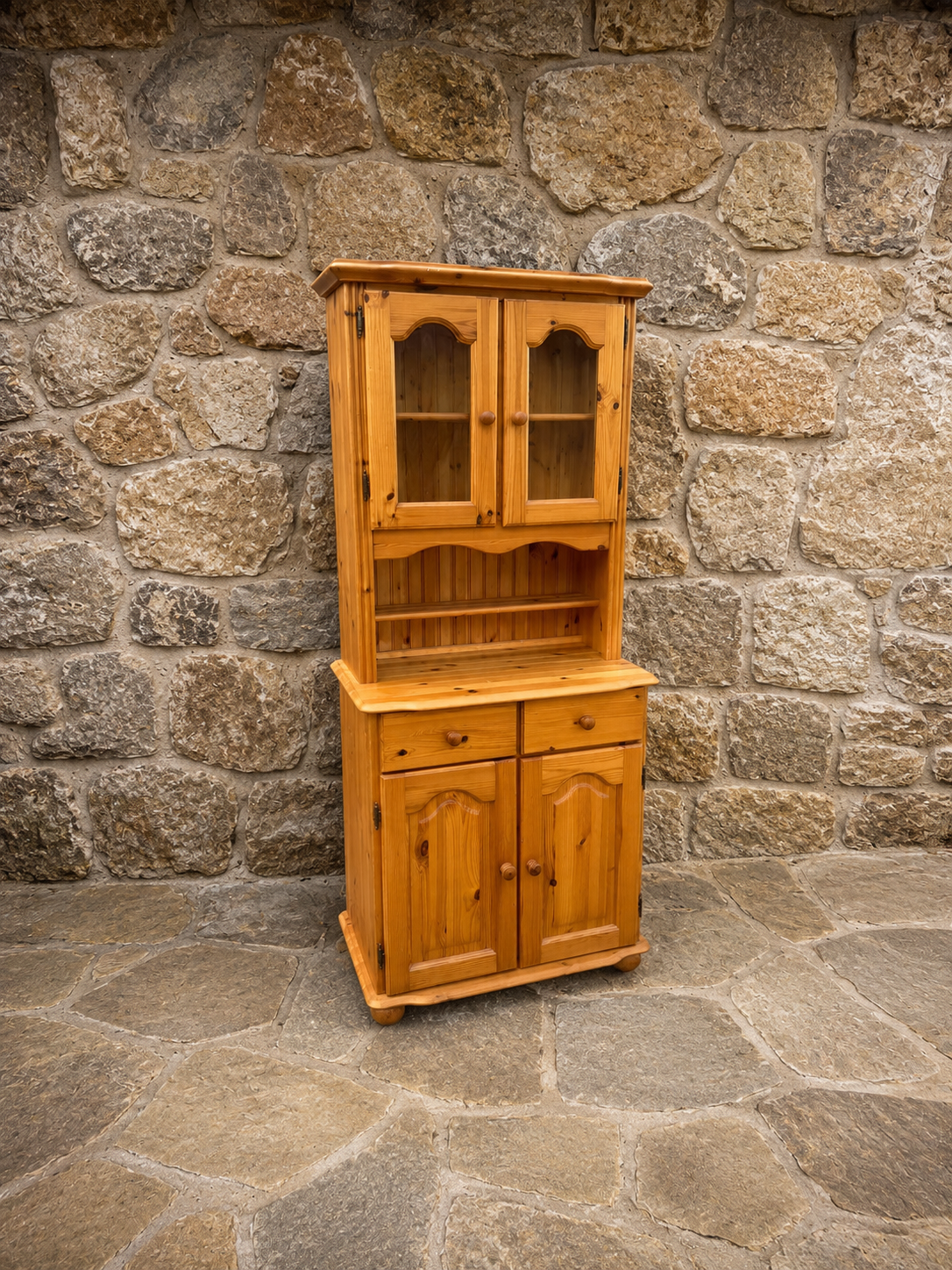 Vintage Pine Kitchen Dresser Cabinet | Rustic Farmhouse Display Unit | Country Cottage Glazed Storage Cupboard