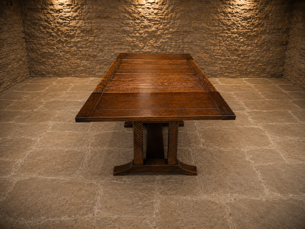 Vintage Dark Oak Extending Dining Table – Jacobean Style Carved Refectory Table