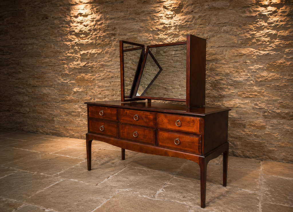 Traditional Burr Veneer Dressing Table with Triple Folding Mirror | Six Drawer Vanity Table