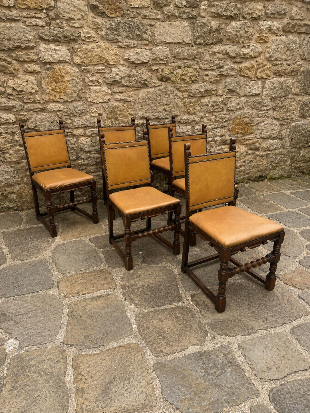 Set of 6 Jacobean Revival Oak Dining Chairs with Studded Tan Upholstery