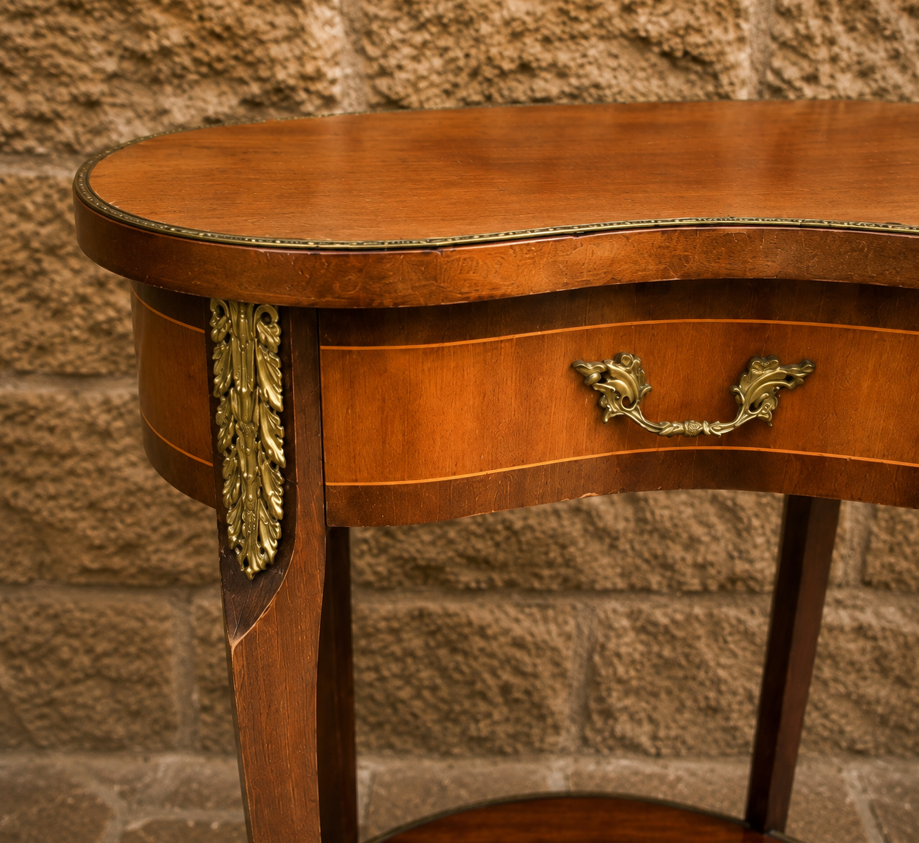French Louis XVI Style Oval Side Table | Inlaid Lamp Table with Brass Ormolu Mounts