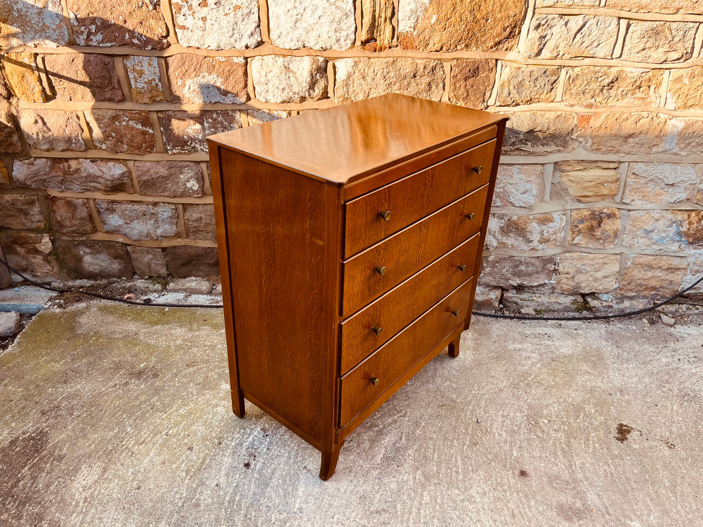 Mid Century Oak Chest of Drawers – Vintage 4 Drawer Dresser – Tiger Oak Veneer Bedroom Storage – 1960s British Furniture
