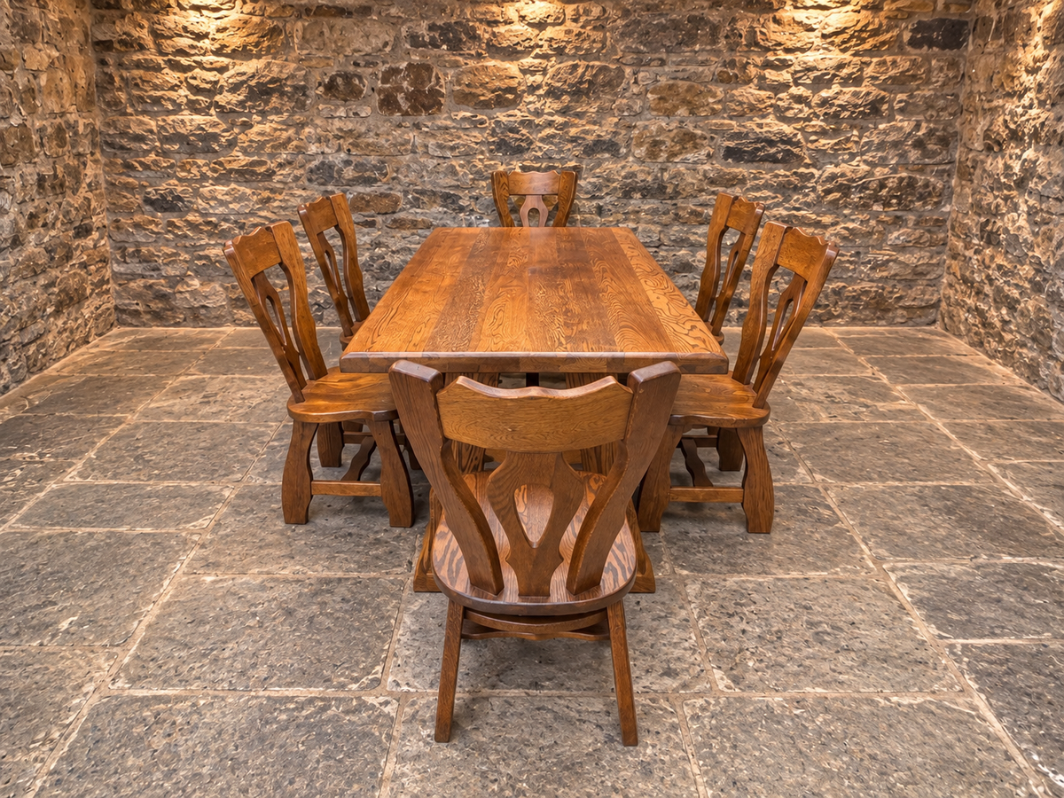 Mid-Century French Oak Dining Table & Six Chairs – Guillerme et Chambron Style c.1970
