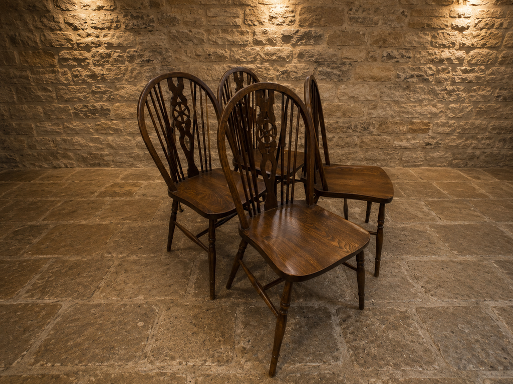 Set of 4 Vintage Windsor Dining Chairs | Solid Elm & Beech Farmhouse Dining Chairs | English Country Kitchen Chairs | Rustic Cottage Seating