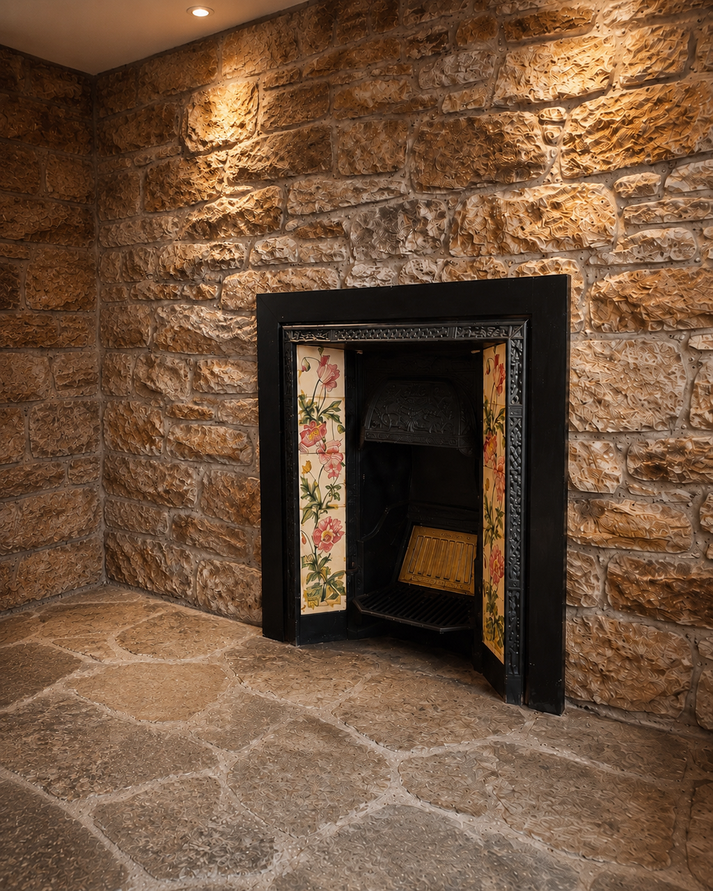 Antique Victorian Cast Iron Fireplace Insert with Original Art Nouveau Floral Tiles | Edwardian Fireplace | Circa 1900