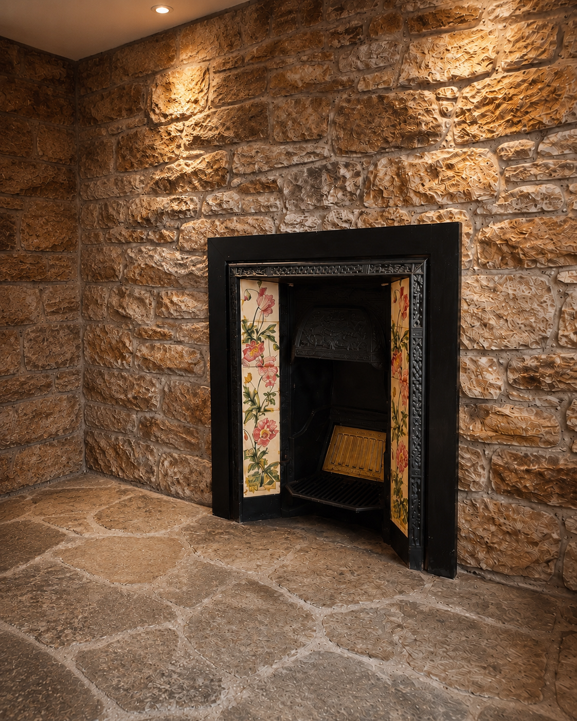 Antique Victorian Cast Iron Fireplace Insert with Original Art Nouveau Floral Tiles | Edwardian Fireplace | Circa 1900