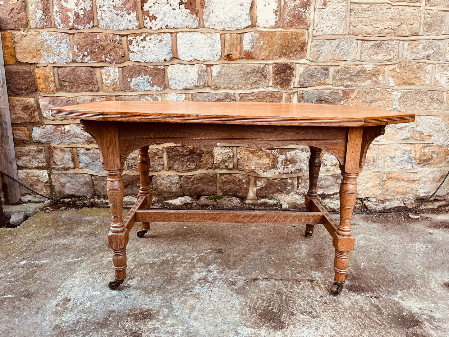 Antique Edwardian Oak Occasional Table – Octagonal Tiger Oak Side Table on Castors
