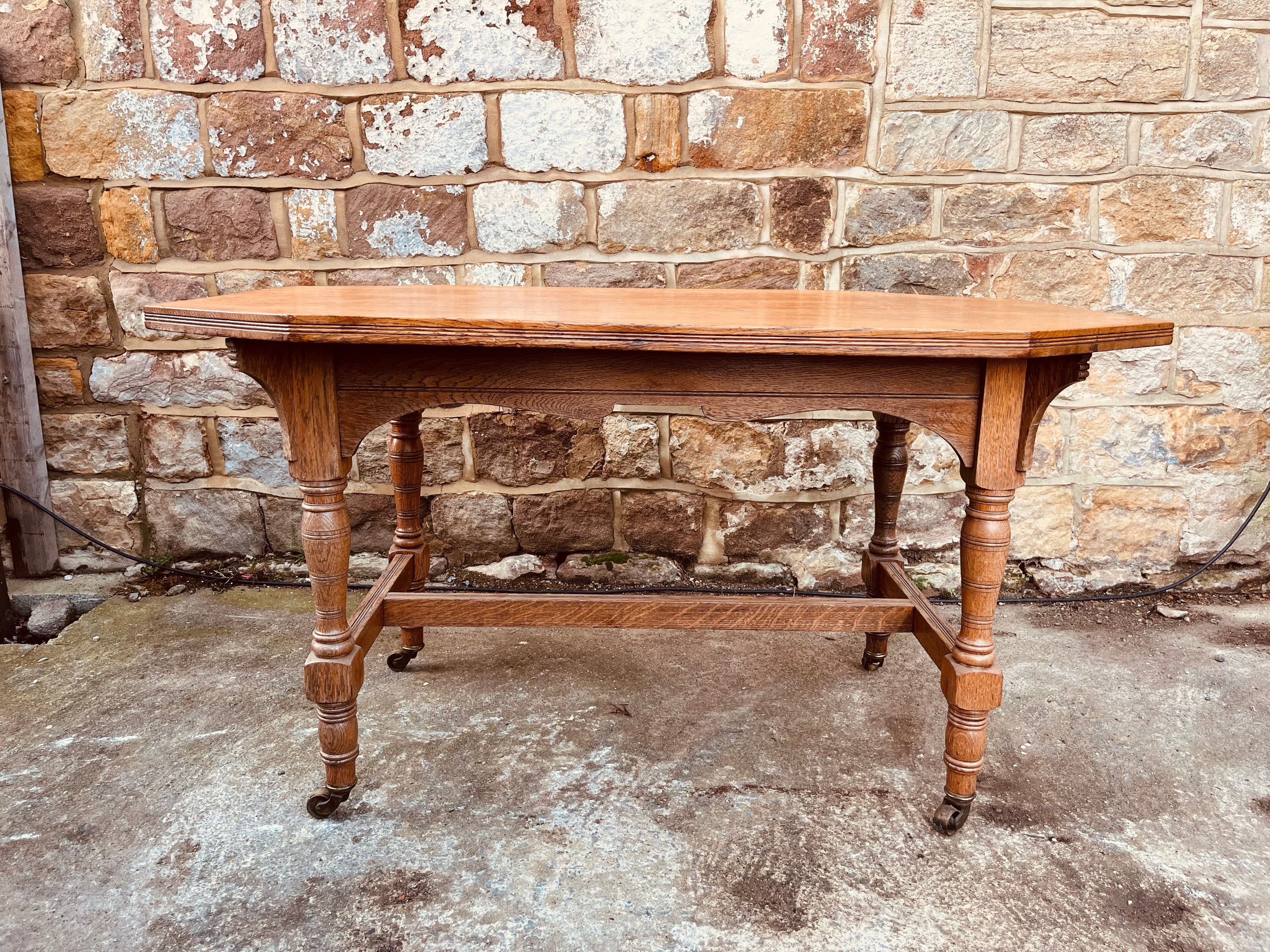 Antique Edwardian Oak Occasional Table – Octagonal Tiger Oak Side Table on Castors