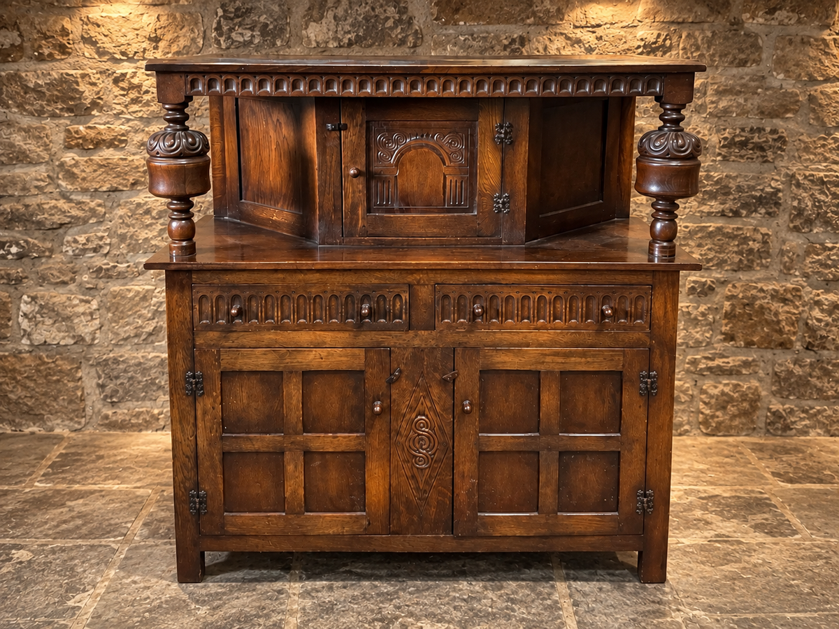 Antique Carved Oak Court Cupboard – Jacobean Revival Sideboard c.1890–1910