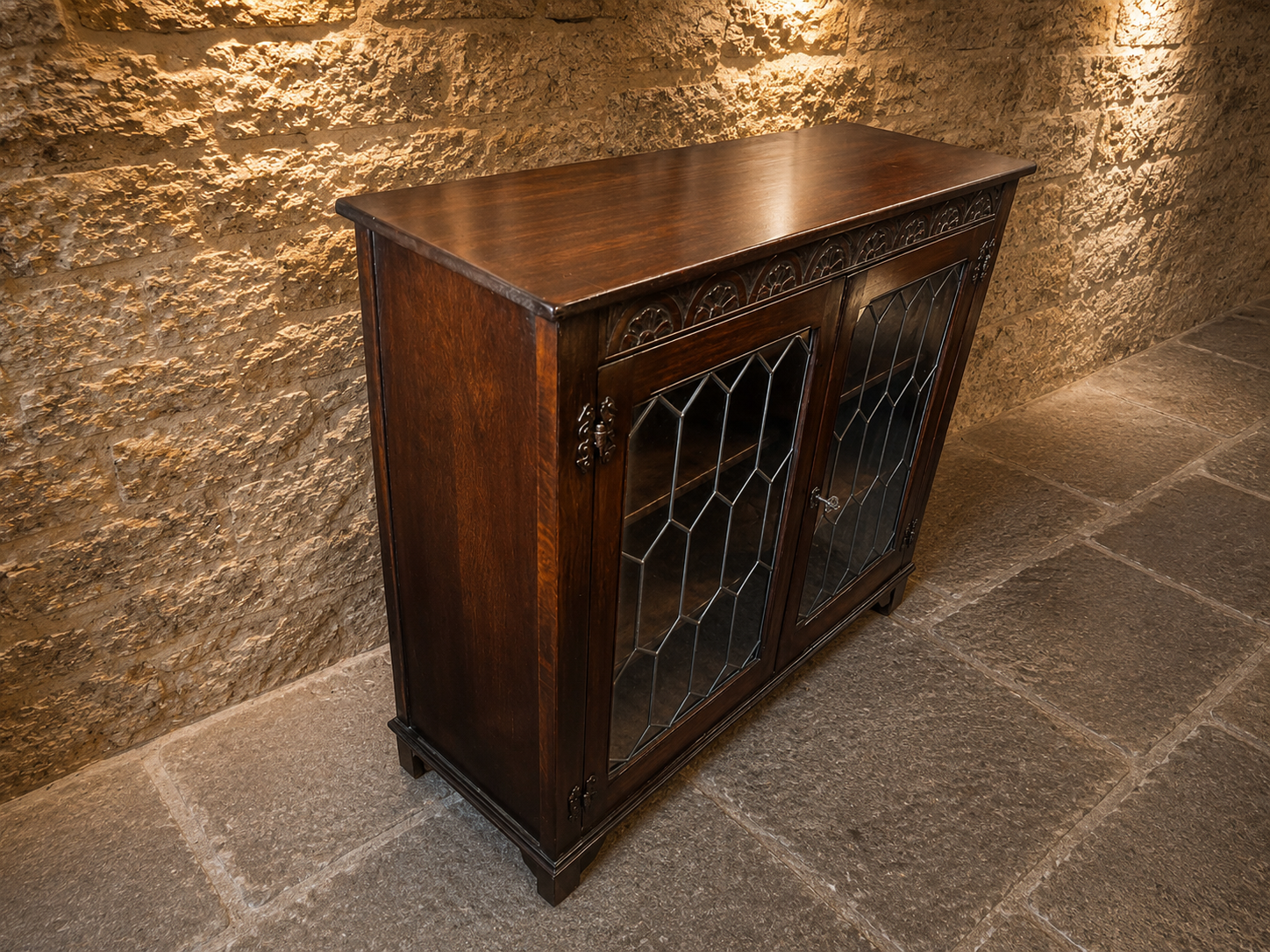 Vintage Oak Leaded Glass Display Cabinet | Gothic Revival Bookcase | Drinks Cabinet