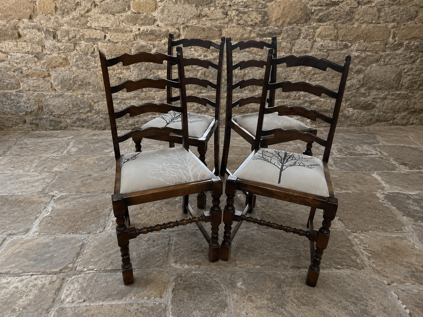 Set of 4 Vintage French Oak Ladderback Dining Chairs
