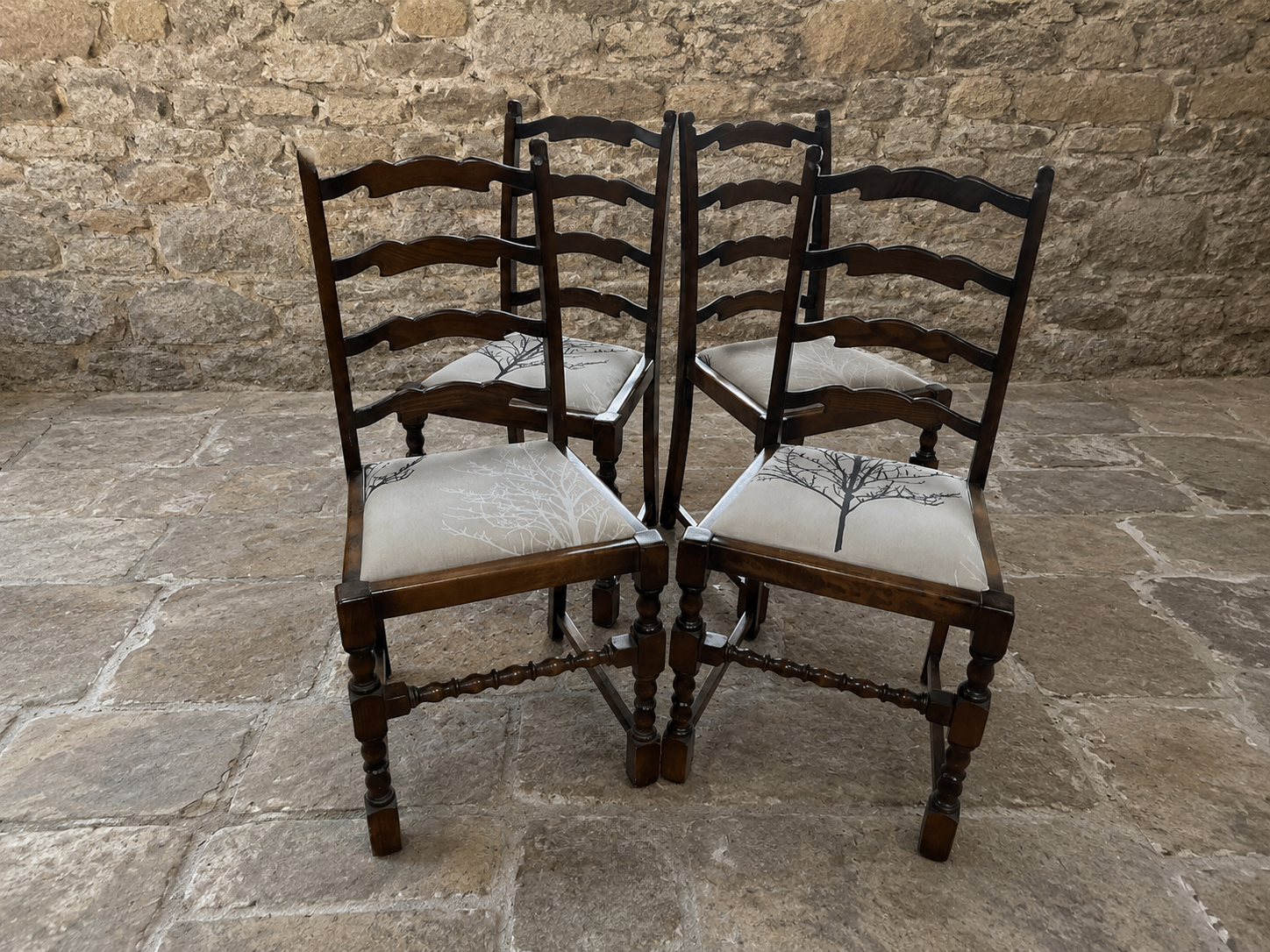 Set of 4 Vintage French Oak Ladderback Dining Chairs