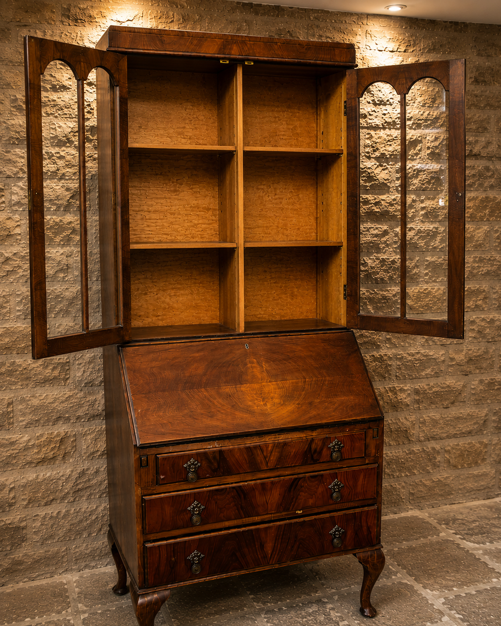 Antique Figured Walnut Bureau Bookcase | George III Style Secretary Cabinet | Glazed Display Bureau | English c.1920–1940