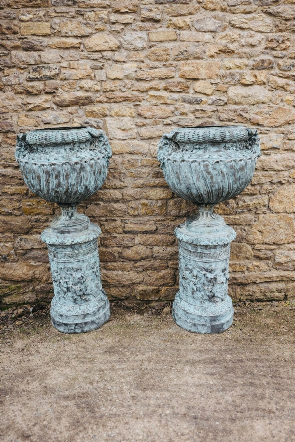 Pair of Large Bronze Neoclassical Garden Urns with Rams Head Detail – Verdigris Patina