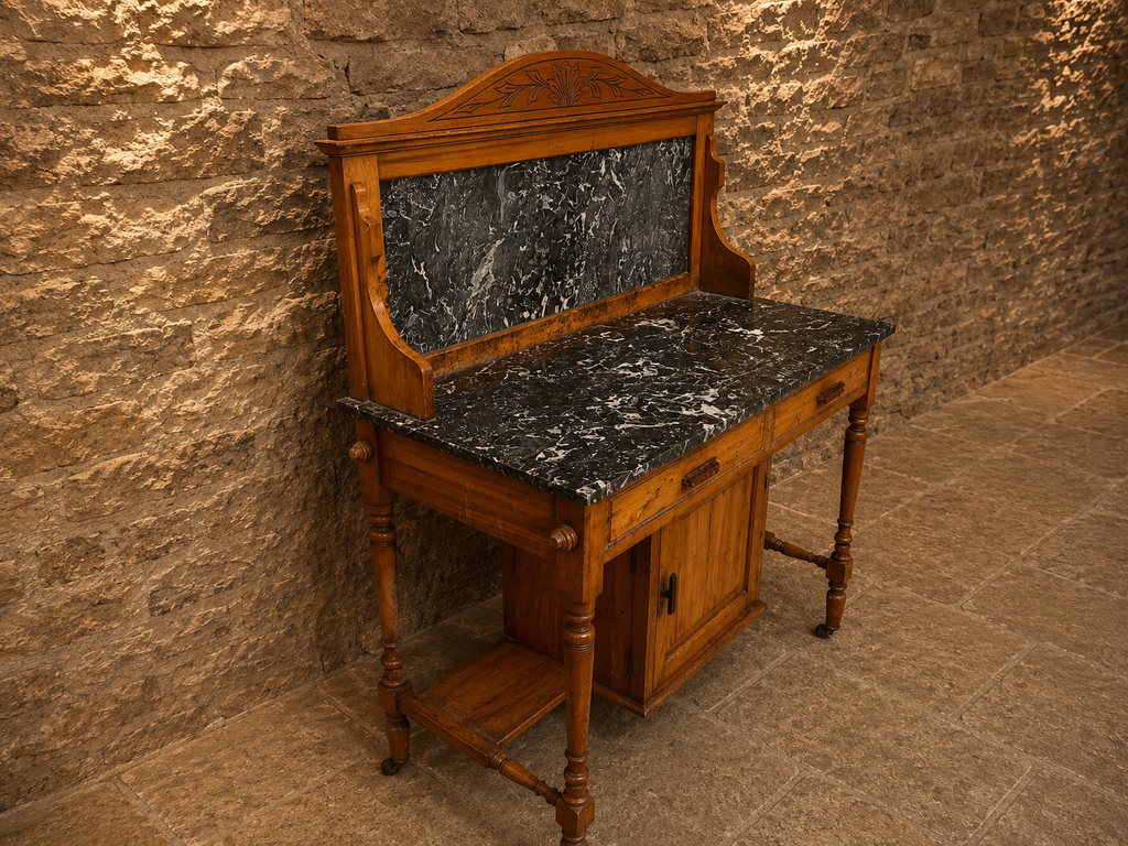 Victorian French Walnut Marble Top Washstand | Antique Fossil Marble Vanity Cabinet | Circa 1880–1900