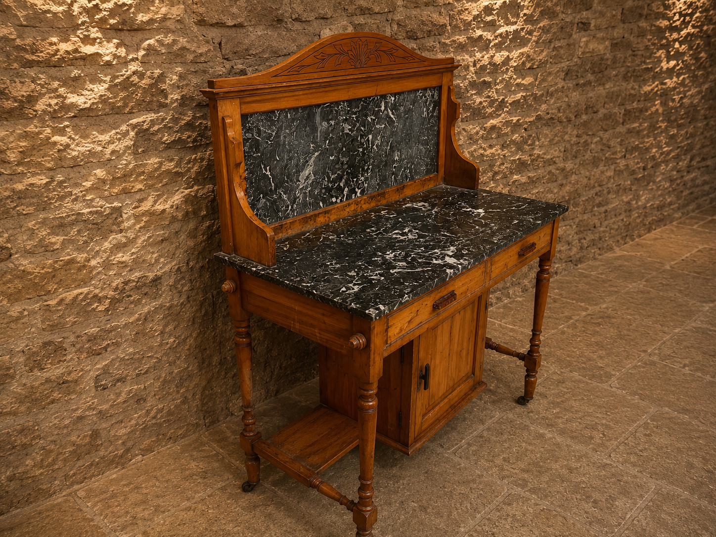 Victorian French Walnut Marble Top Washstand | Antique Fossil Marble Vanity Cabinet | Circa 1880–1900