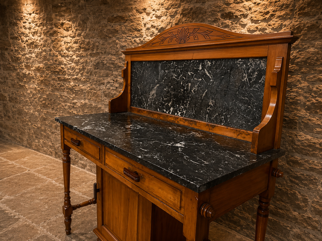 Victorian French Walnut Marble Top Washstand | Antique Fossil Marble Vanity Cabinet | Circa 1880–1900