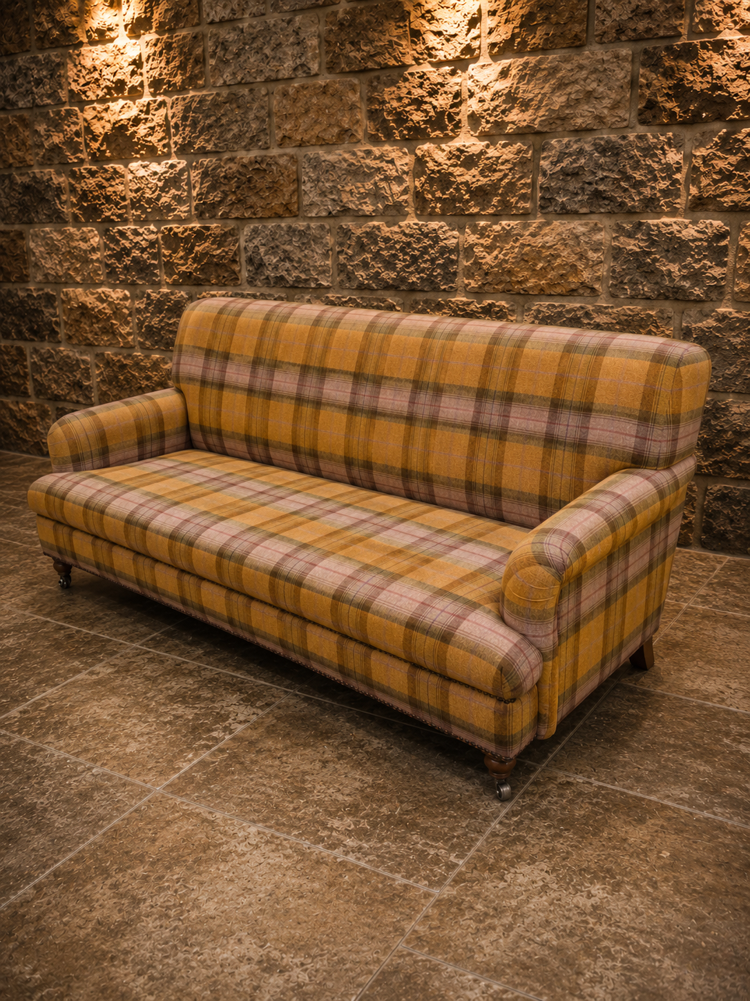 Vintage English Country House Three Seater Sofa | Tartan Wool Sofa | Traditional Scroll Arm Country Furniture