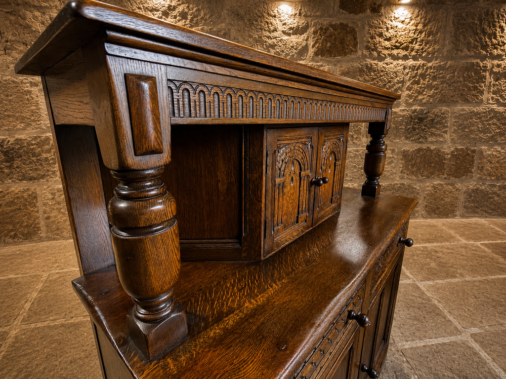 Vintage Carved Oak Jacobean Revival Dresser Base with Raised Back