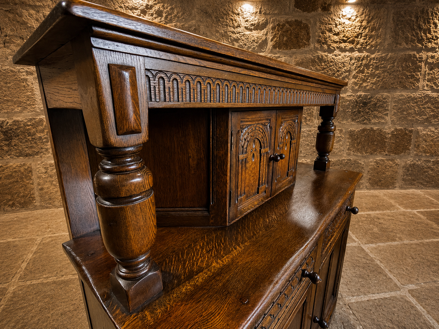Vintage Carved Oak Jacobean Revival Dresser Base with Raised Back