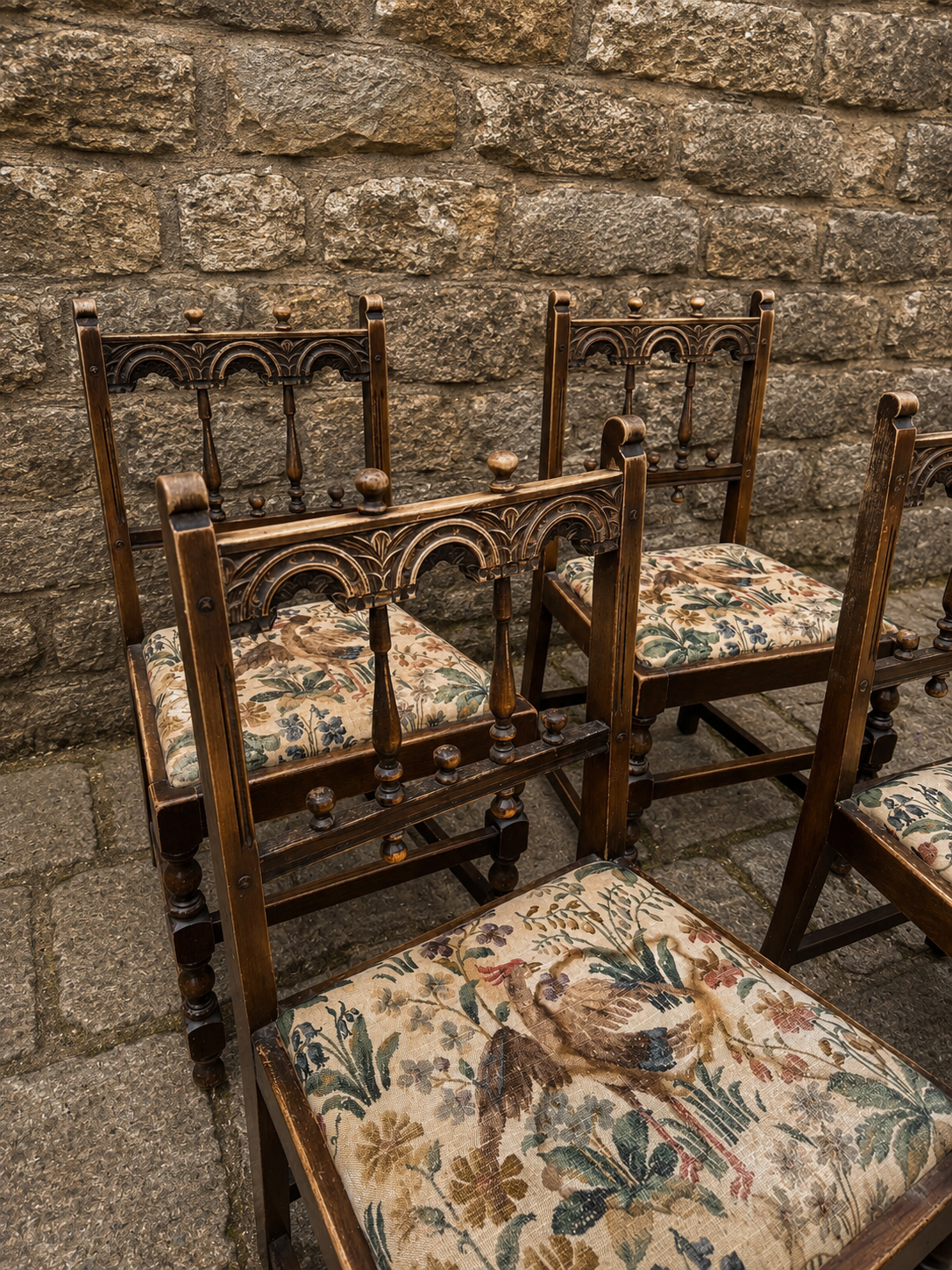 Antique Victorian Gothic Revival Oak Dining Chairs – Set of Four – c.1880–1900