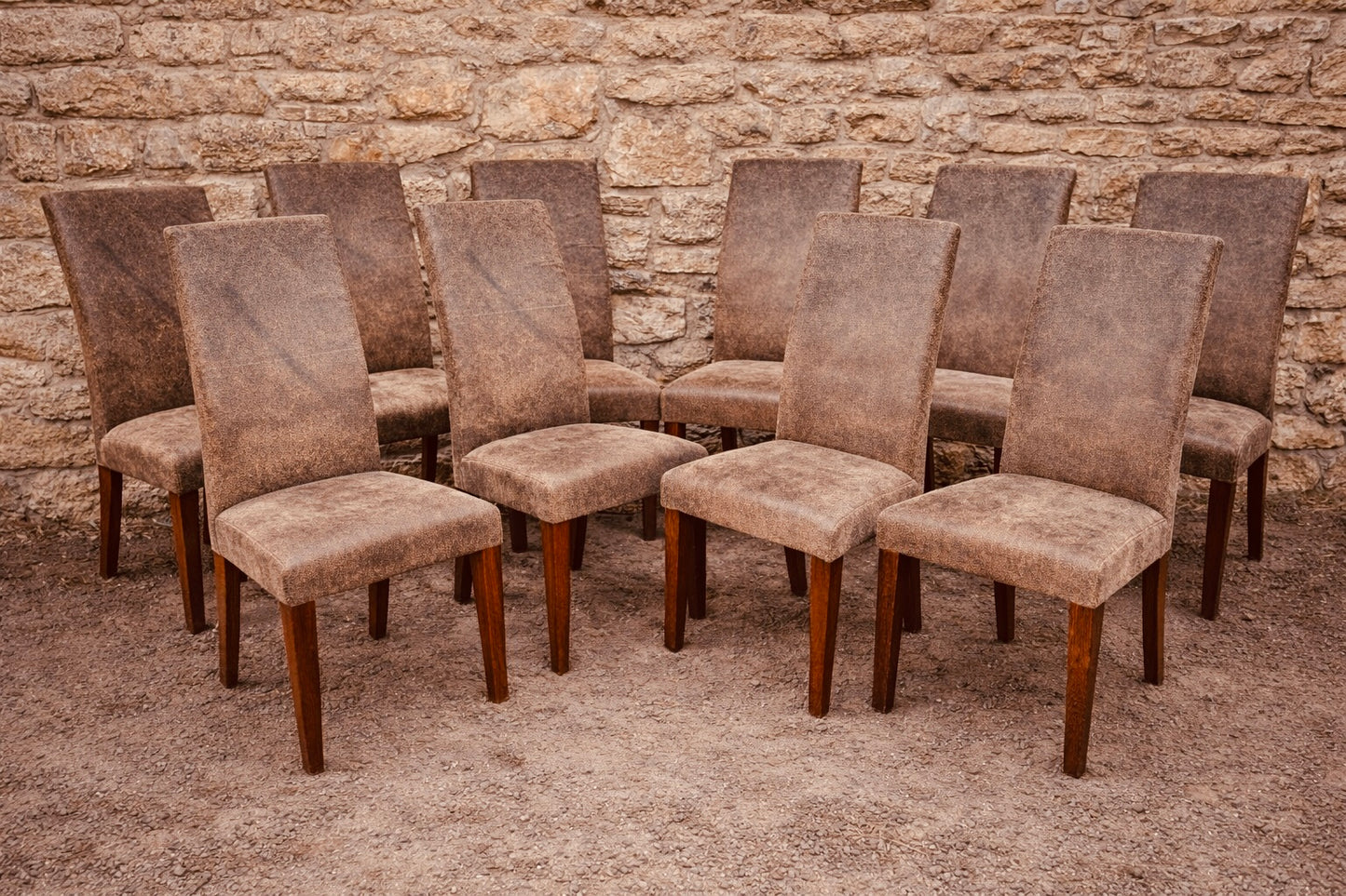 Set of 8 Upholstered Dining Chairs – Brown Faux Leather with Solid Wood Legs