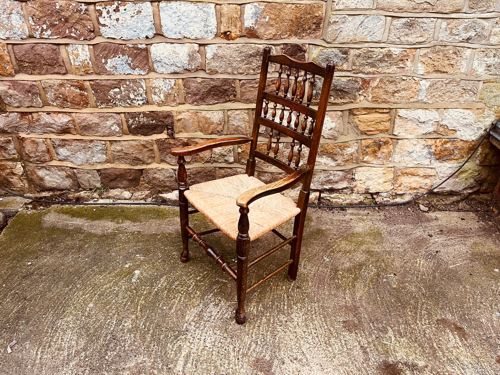 Antique Oak Ladder Back Armchair with Original Rush Seat