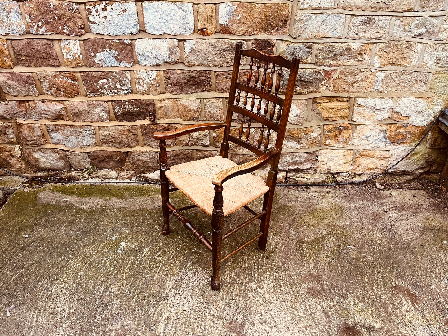 Antique Oak Ladder Back Armchair with Original Rush Seat