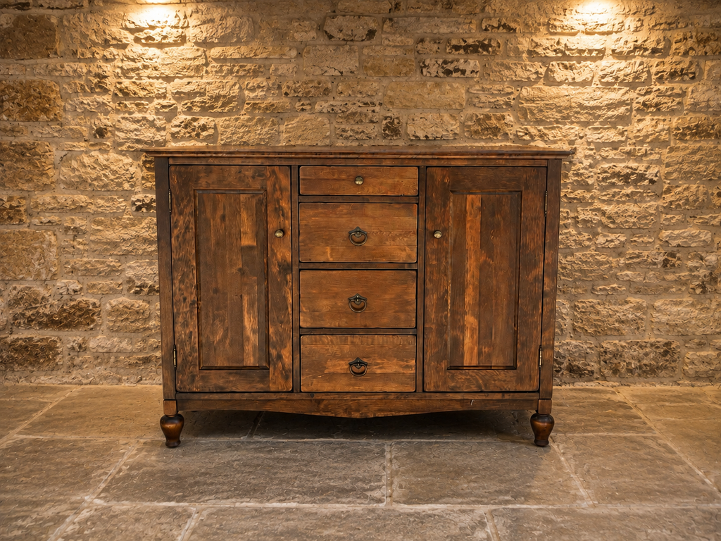 Vintage Rustic Hardwood Sideboard – Four Drawers & Double Cupboard Storage