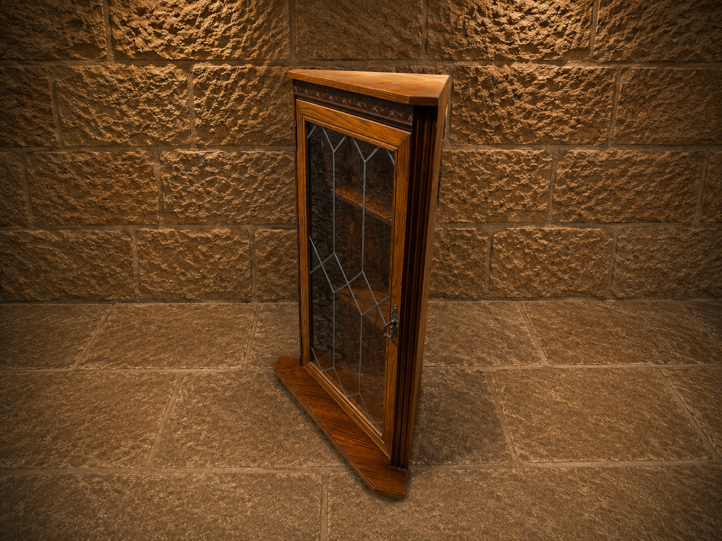Antique Oak Leaded Glass Corner Display Cabinet | Arts & Crafts Oak Cabinet | Jacobean Revival Corner Cupboard