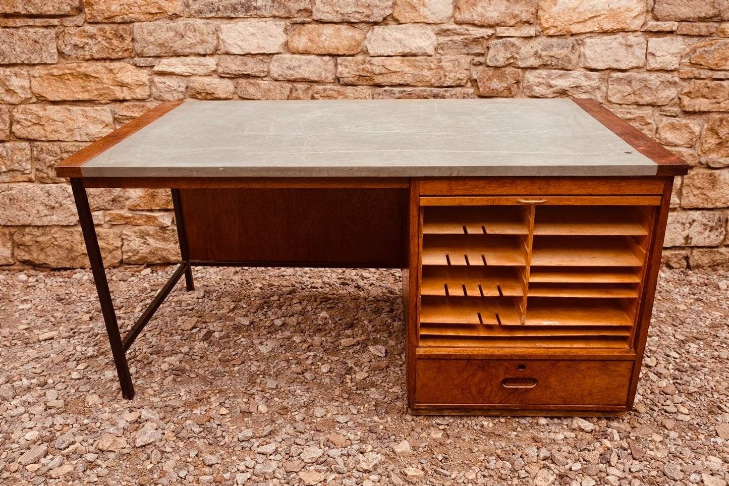 Mid Century Teak Desk with Tambour Storage – Industrial Vintage Workstation