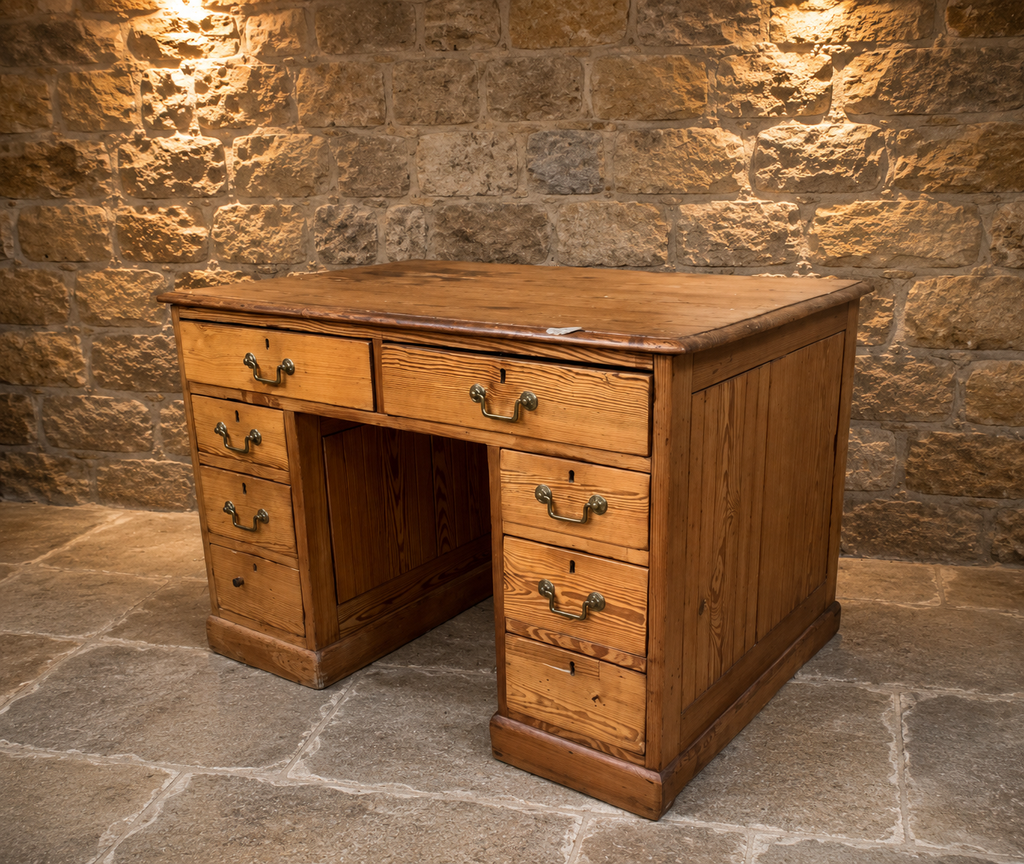 Antique Victorian Pitch Pine Pedestal Desk – Country House Writing Desk