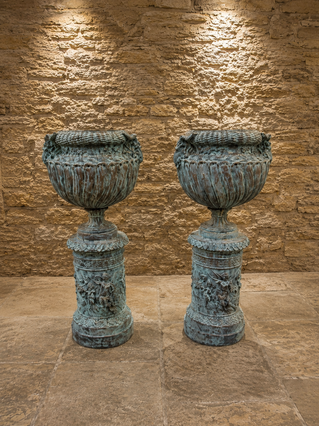 Bronze Neoclassical Garden Urns on Matching Pedestals | Pair of Classical Ram’s Head Urns | French Empire Style Antique Garden Statuary