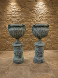 Bronze Neoclassical Garden Urns on Matching Pedestals | Pair of Classical Ram’s Head Urns | French Empire Style Antique Garden Statuary
