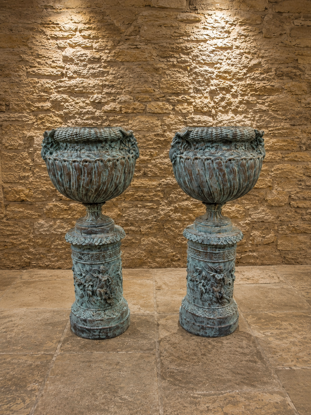 Bronze Neoclassical Garden Urns on Matching Pedestals | Pair of Classical Ram’s Head Urns | French Empire Style Antique Garden Statuary
