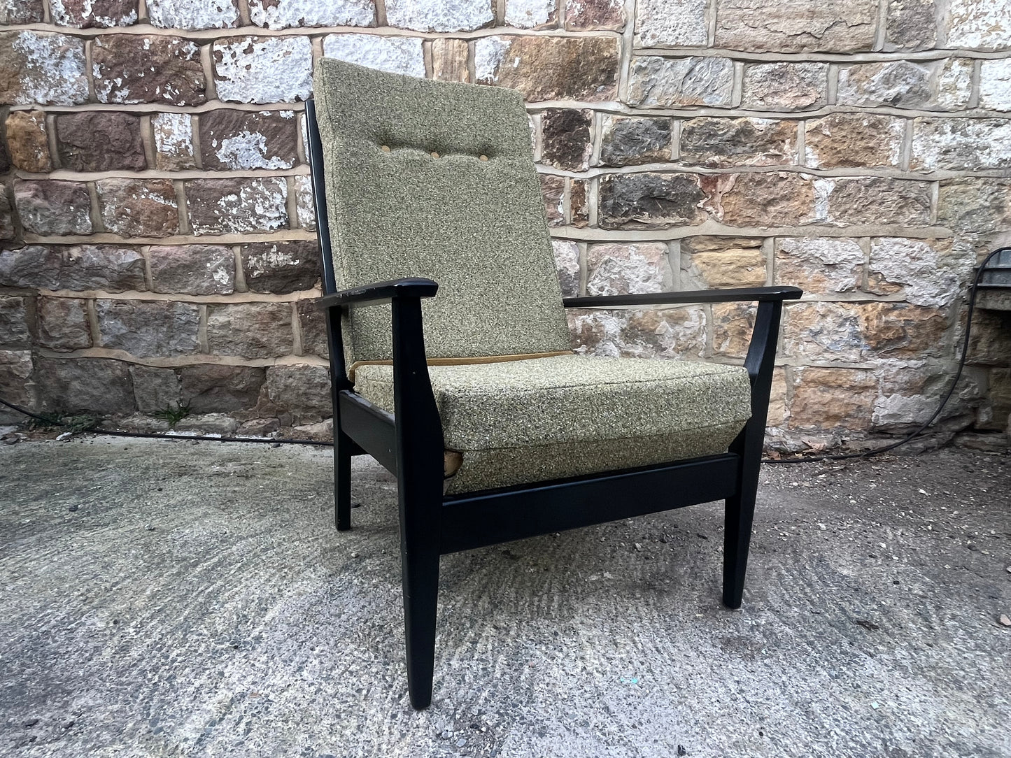 Mid-Century Modern Armchair – Textured Tweed & Black Wooden Frame