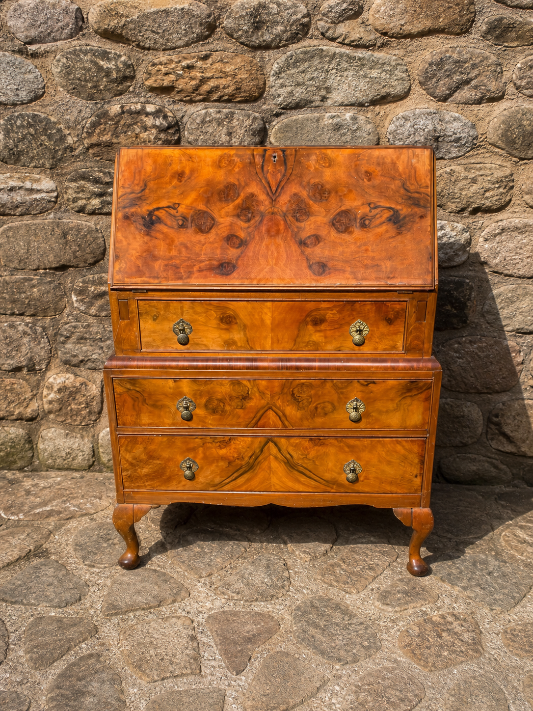 Burr Walnut Writing Bureau – Vintage Fall Front Desk