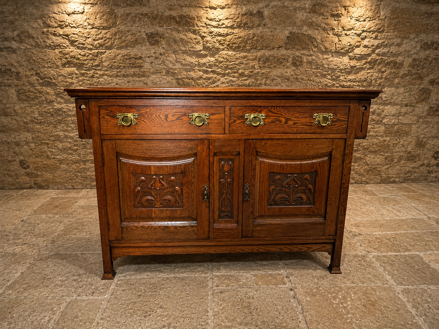 Antique Arts & Crafts Oak Sideboard | Edwardian Solid Oak Buffet Cabinet | Hand Carved English Storage Cabinet | 1905–1920
