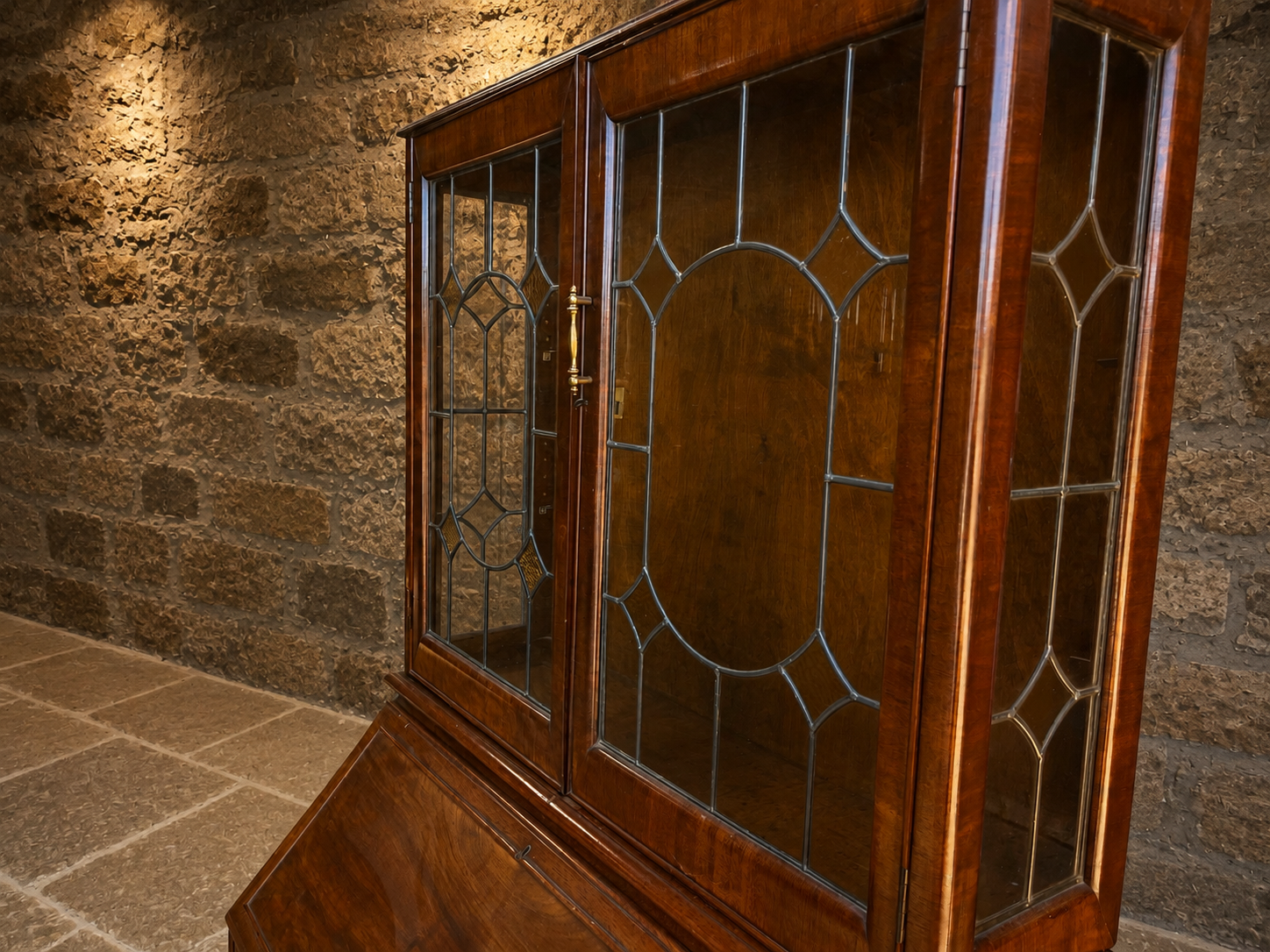 Early 20th Century Walnut Bureau Bookcase with Leaded Glass – Circa 1930