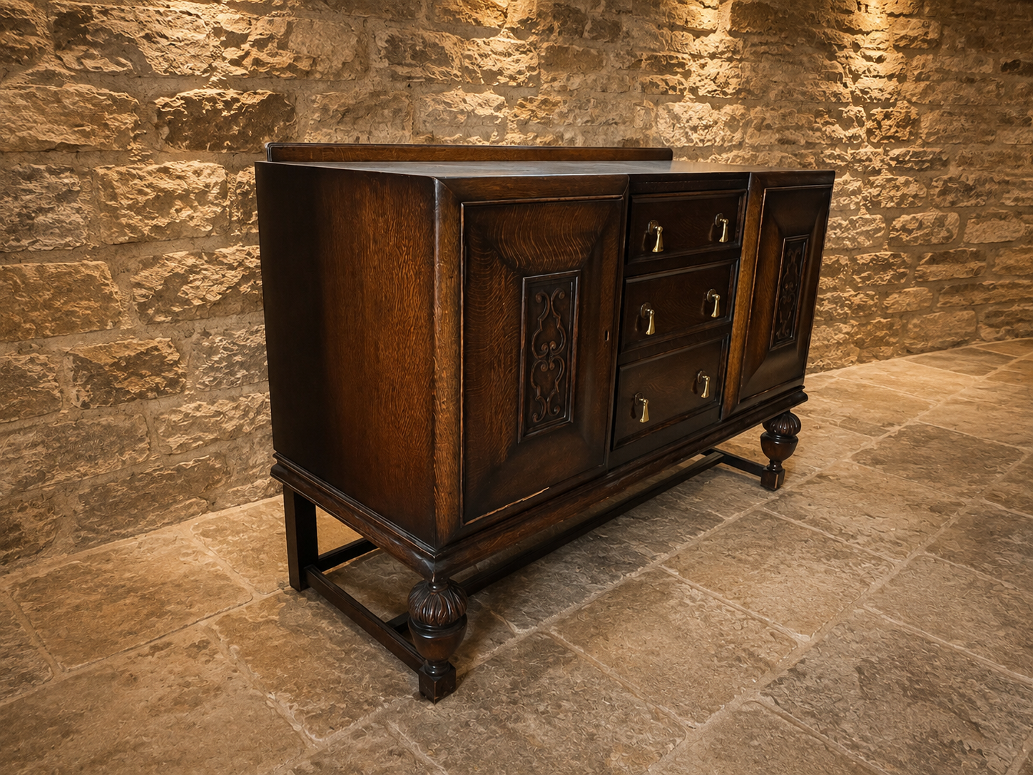 Circa 1930 Jacobean Revival Carved Oak Sideboard