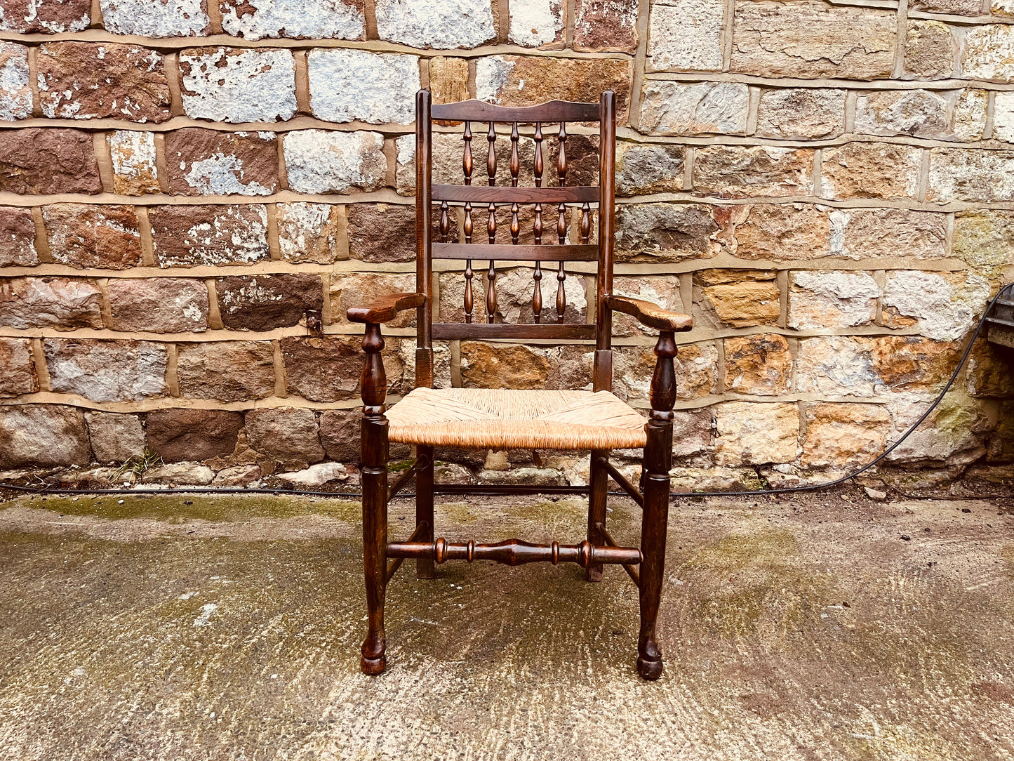 Antique Oak Ladder Back Armchair with Original Rush Seat