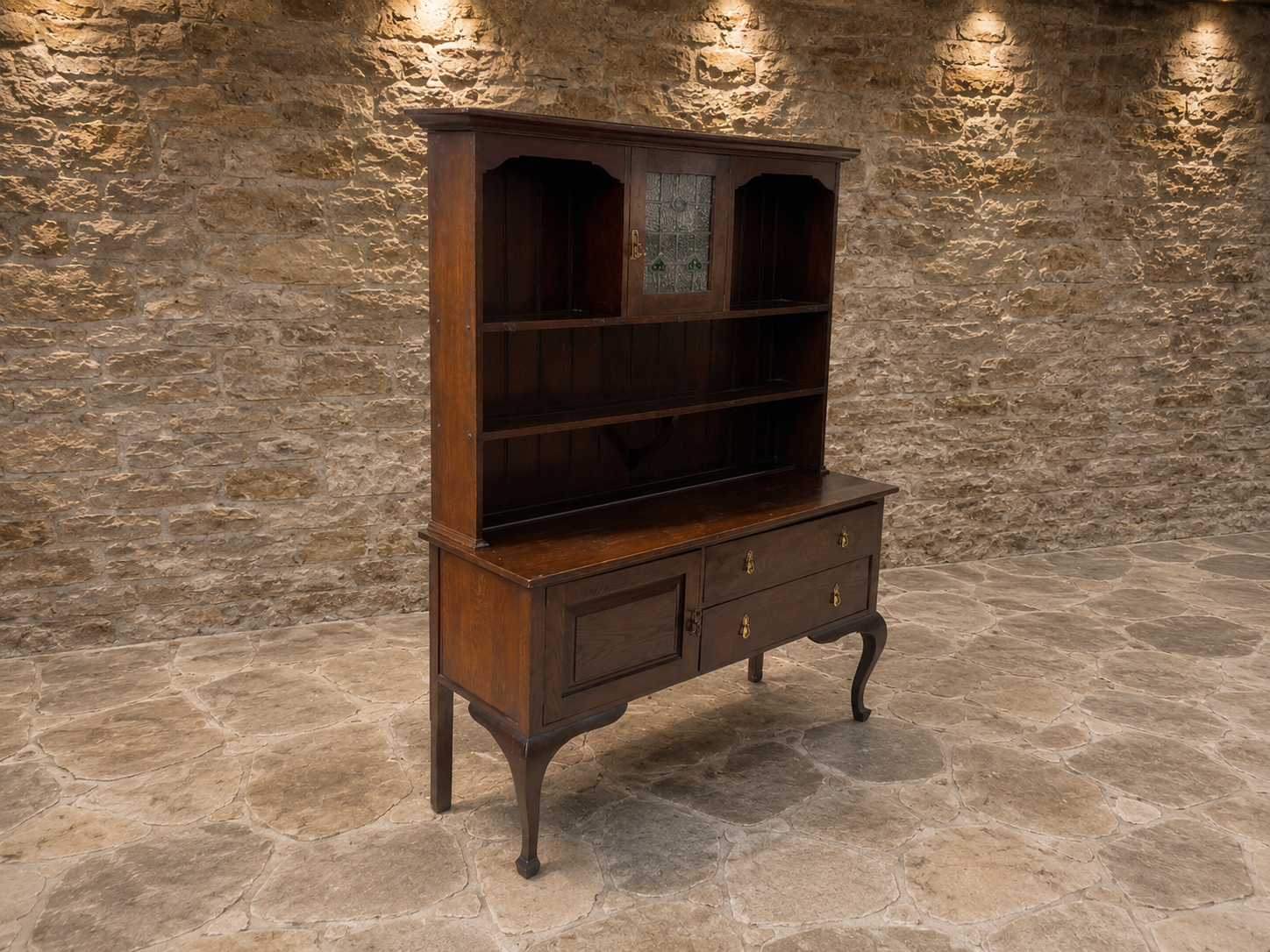 Antique Arts & Crafts Oak Dresser with Stained Glass Display Cabinet