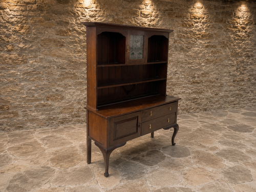Antique Arts & Crafts Oak Dresser with Stained Glass Display Cabinet