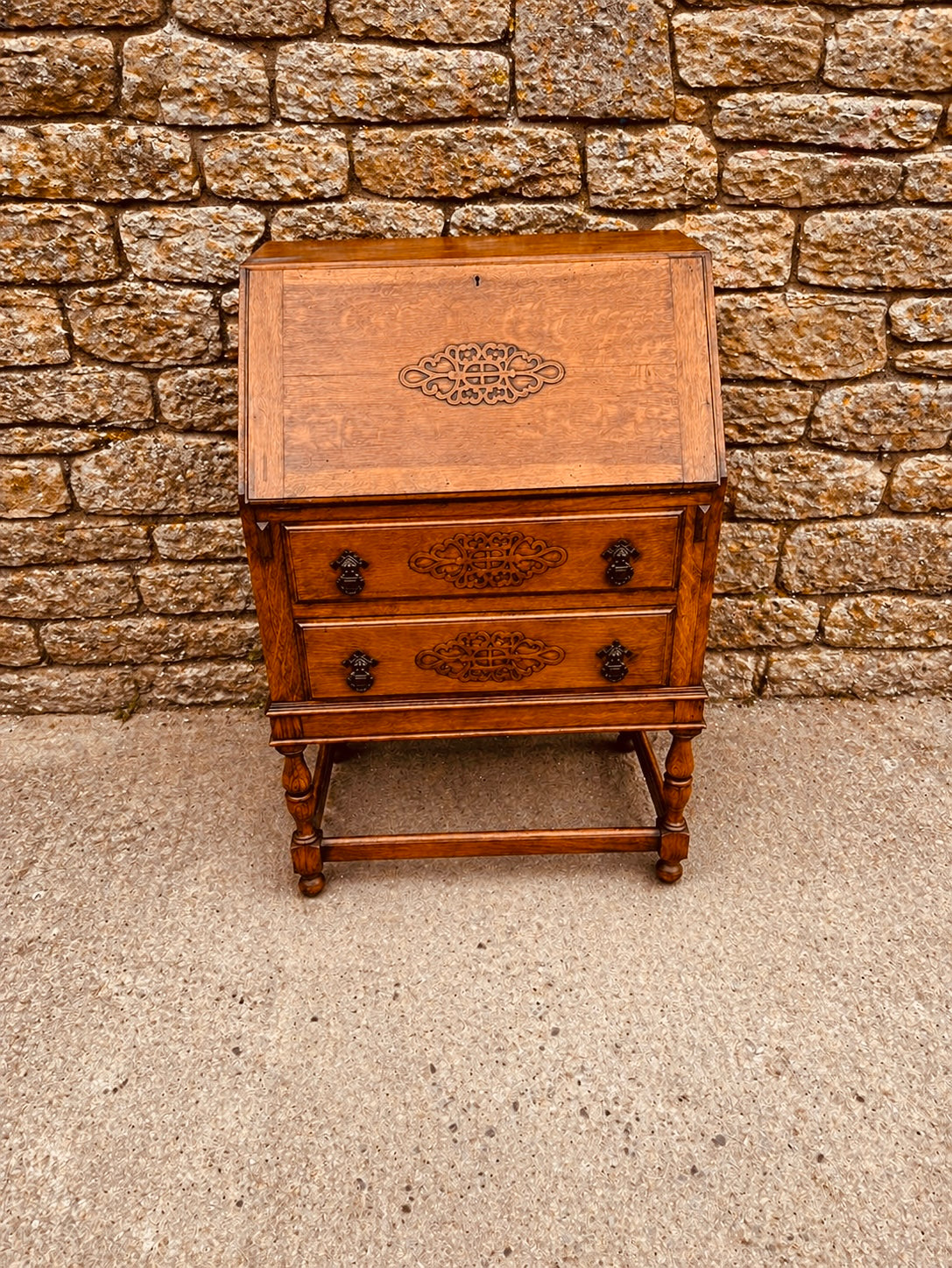 Vintage Oak Bureau Desk – 1930s Fall Front Writing Desk with Carved Detail