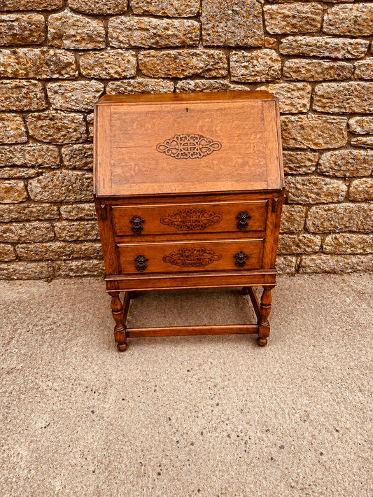 Vintage Oak Bureau Desk – 1930s Fall Front Writing Desk with Carved Detail