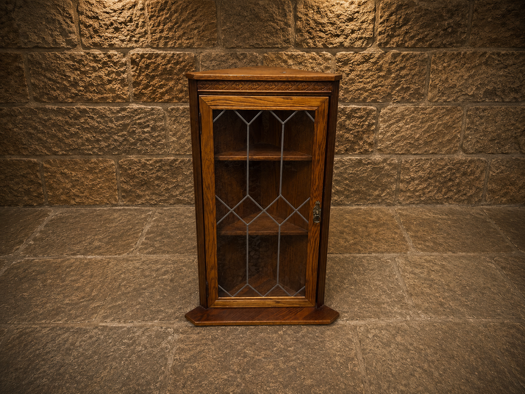 Antique Oak Leaded Glass Corner Display Cabinet | Arts & Crafts Oak Cabinet | Jacobean Revival Corner Cupboard