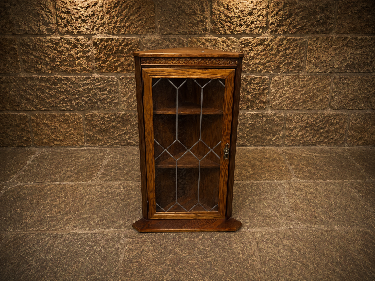 Antique Oak Leaded Glass Corner Display Cabinet | Arts & Crafts Oak Cabinet | Jacobean Revival Corner Cupboard