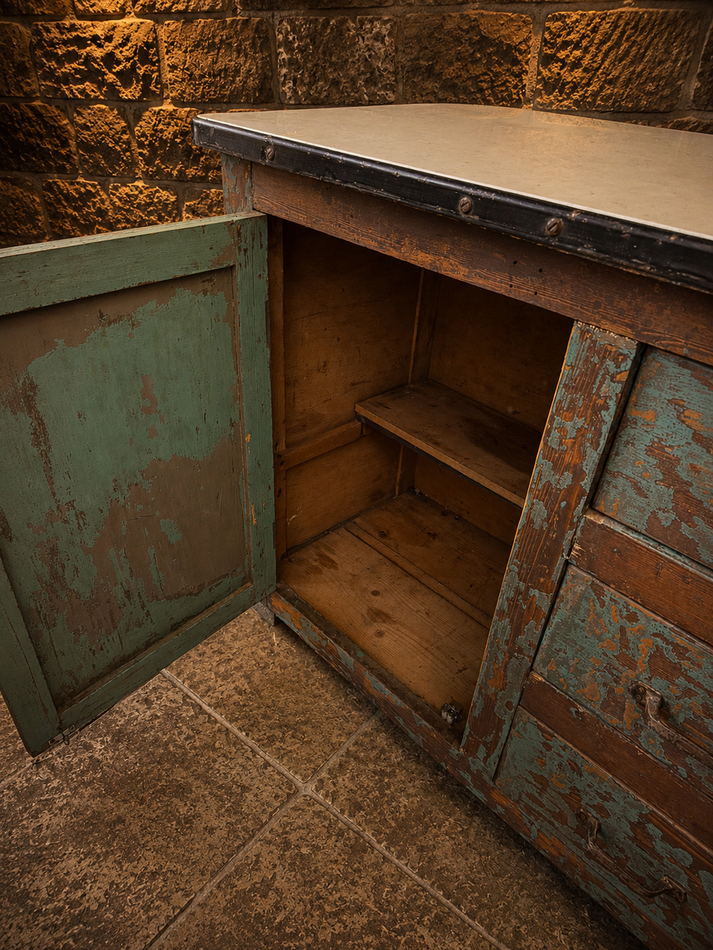 Antique Industrial Pine Sideboard | Original Painted Workshop Cabinet | Metal Top Storage Cabinet | Rustic Kitchen Island